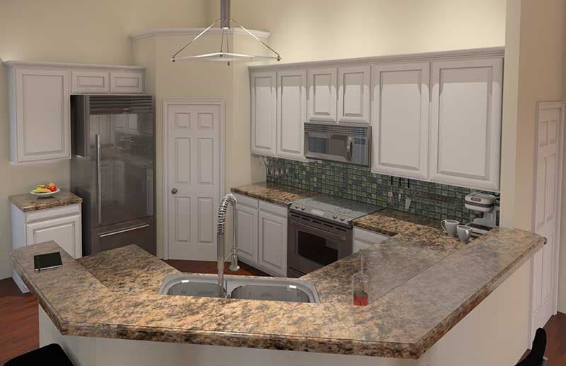 Kitchen rendering with white cabinets, stainless steel refrigerator, granite countertops, double sink, and stove.
