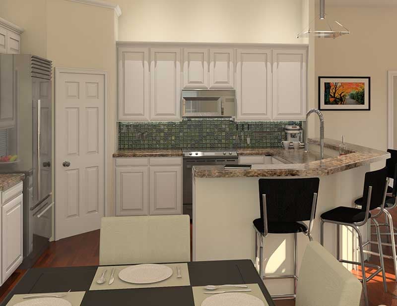 Kitchen with white cabinetry, a mosaic tile backsplash, granite countertops, island with bar seating, and stainless steel appliances.