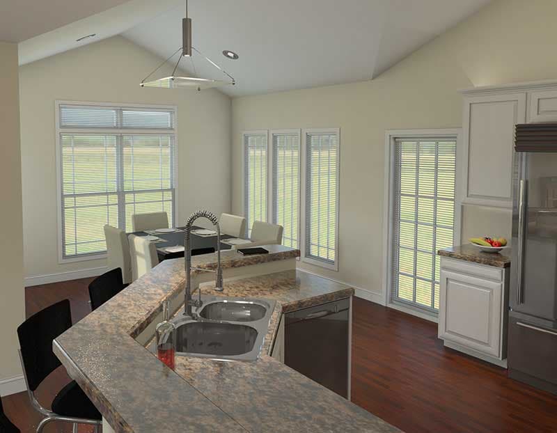Kitchen and dining area with vaulted ceiling, granite island with sink, and large windows.