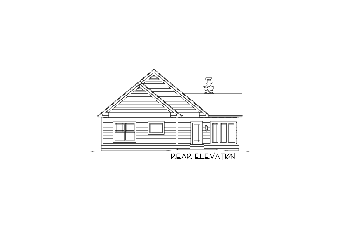 Rear elevation drawing of a one-story house plan featuring a gable roof, centered door, and grouped windows.