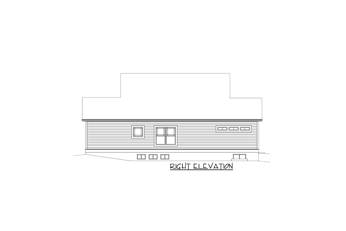Right elevation house plan showing horizontal siding, a central window, and multiple smaller windows.