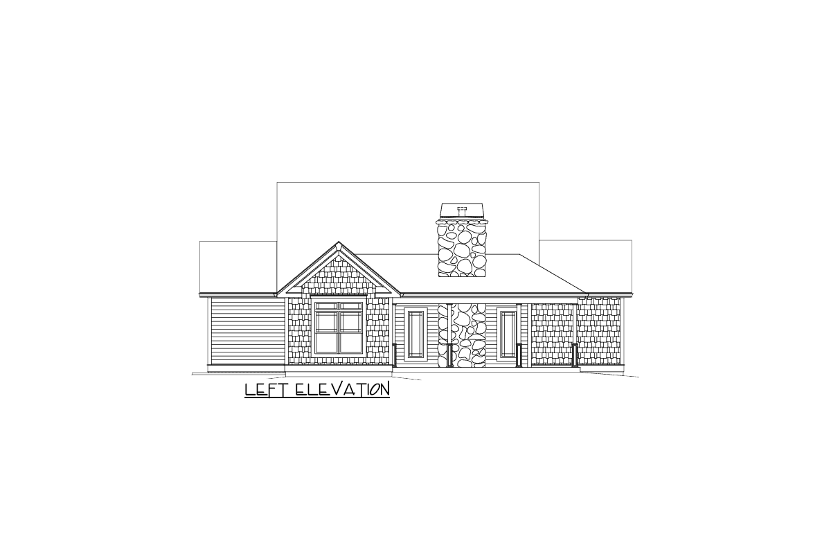 Left elevation house plan with siding, stone accents, a prominent stone chimney, and a covered porch.