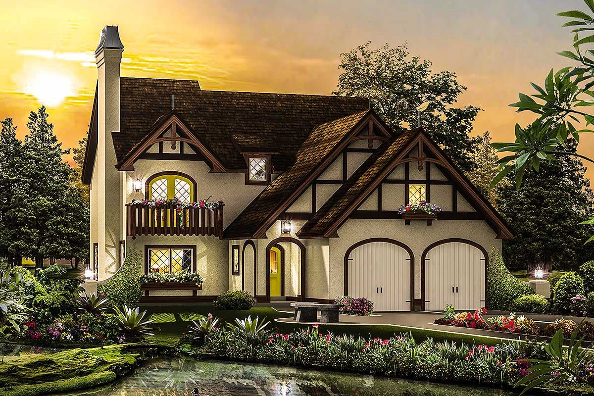 House plan exterior of a two-story Tudor-style home with a prominent chimney, gables, a balcony, and a double garage.