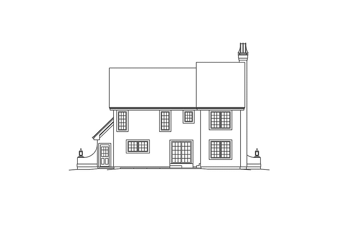 House plan exterior drawing of a two-story home with multiple windows, a pitched roof, and a chimney.