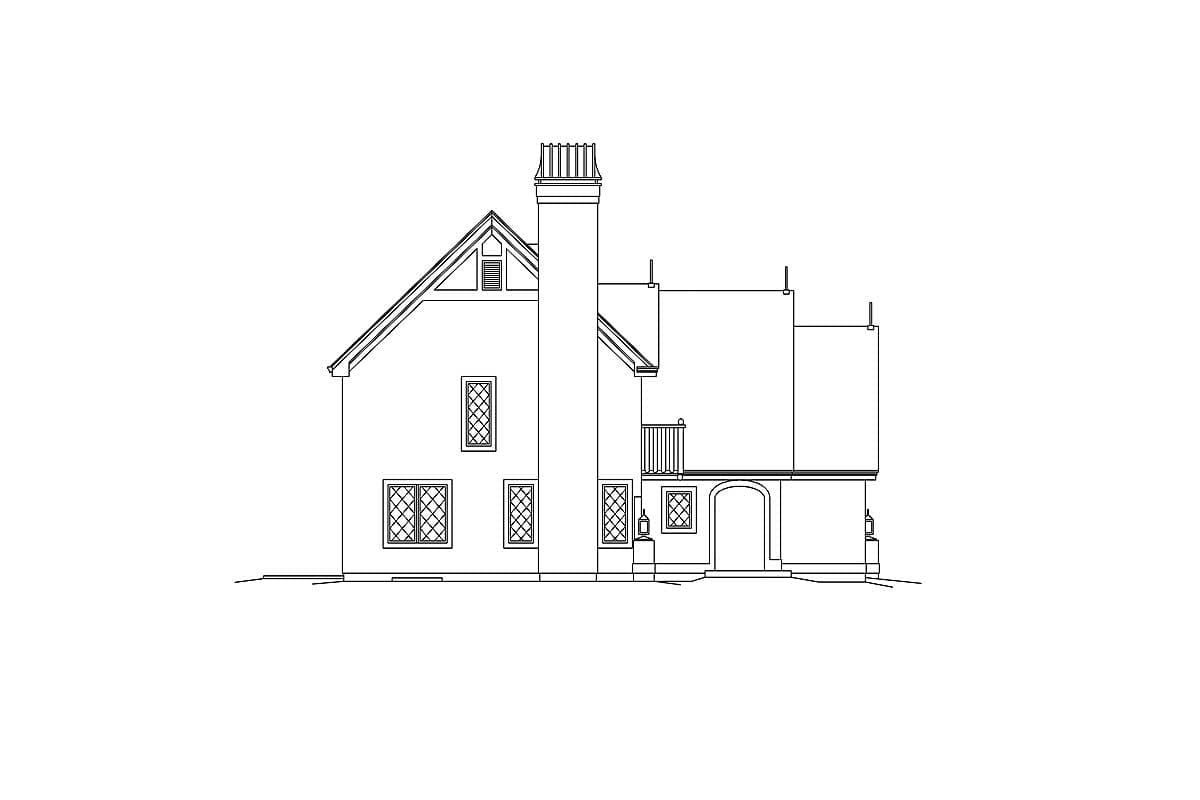 House plan elevation drawing of a two-story home featuring a prominent chimney, gabled dormer, arched entryway, and diamond-patterned windows.
