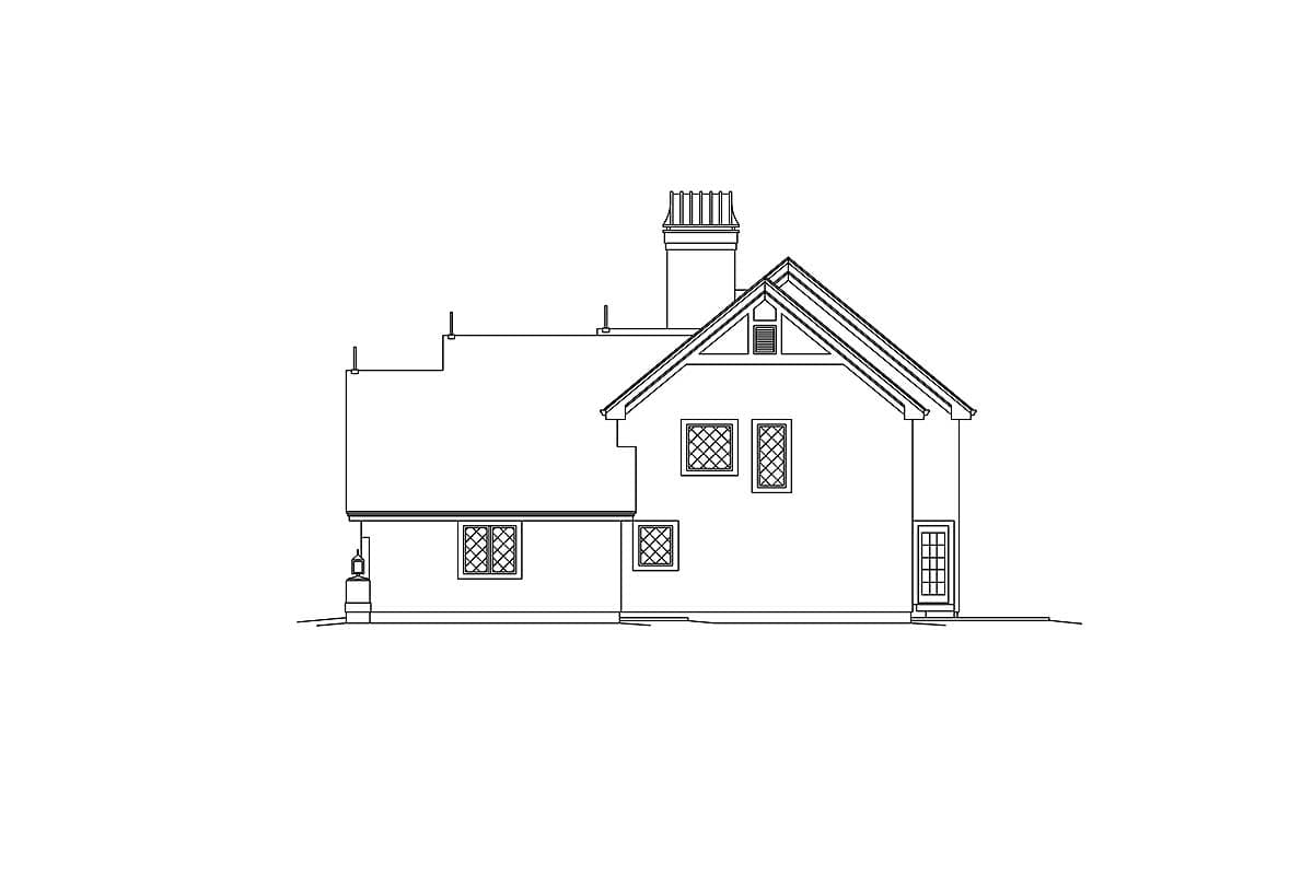 Side elevation house plan showing a two-story structure with a prominent gable, large chimney, and diamond-patterned windows.