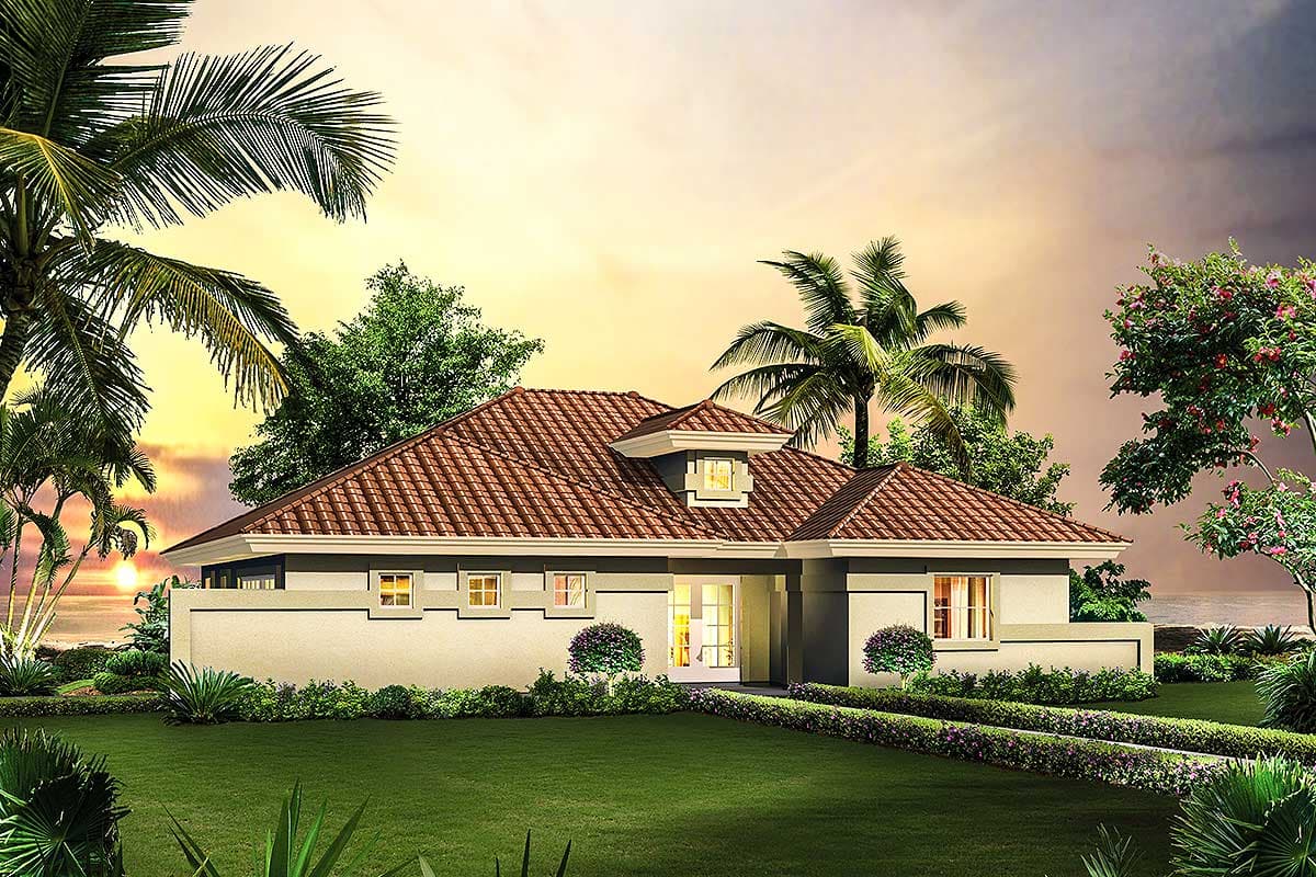 House plan exterior: Single-story home with a tile roof, central dormer, and covered entryway.