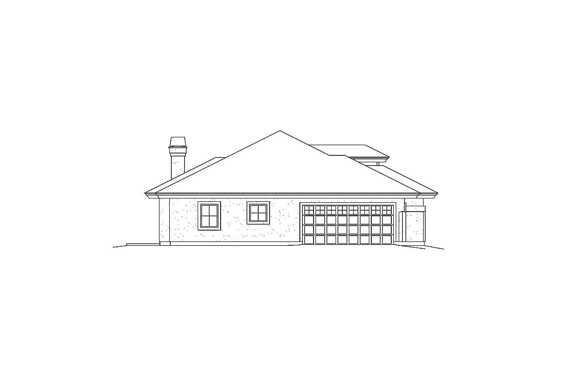 House plan side elevation drawing showing a one-story home with a pitched roof, chimney, two windows, and a two-car garage.