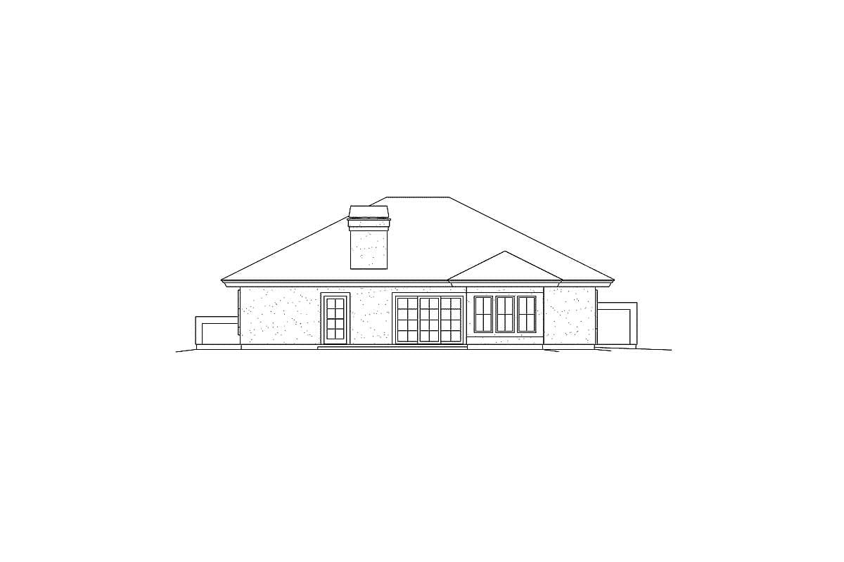 House plan exterior elevation: single-story with hip roof, prominent chimney, and large window groupings.