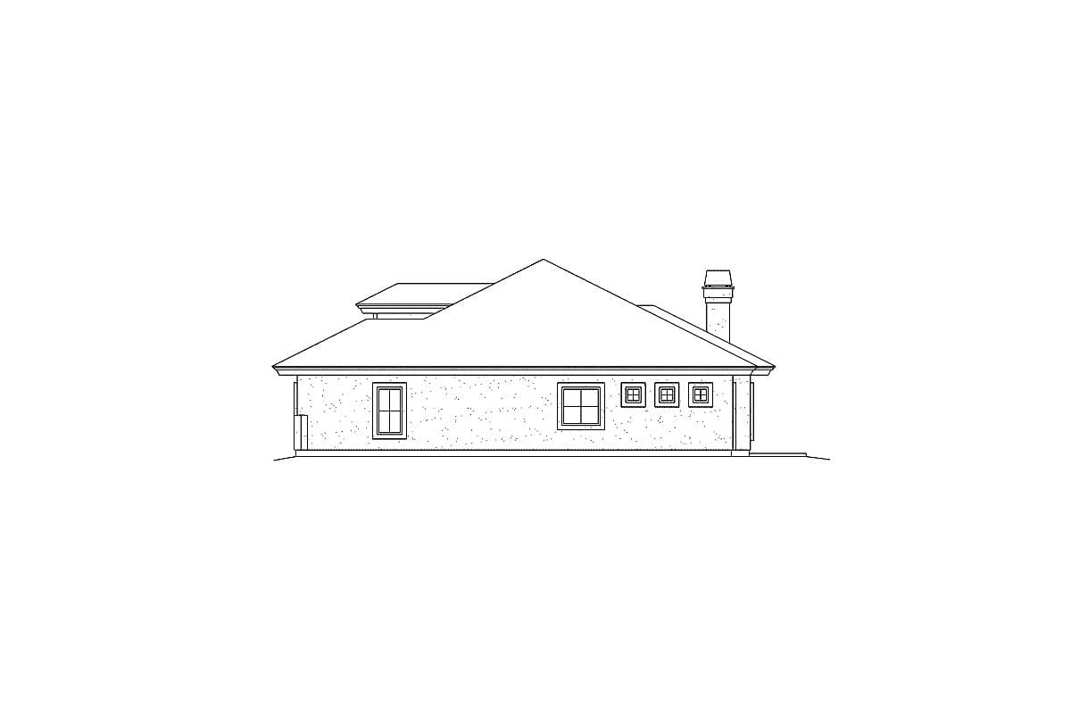 House plan exterior: one-story structure with hip roof, prominent chimney, and multiple windows.