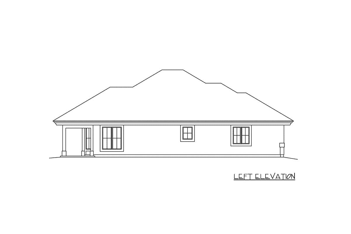 Left elevation drawing of a single-story house plan with a covered entry and multiple windows.