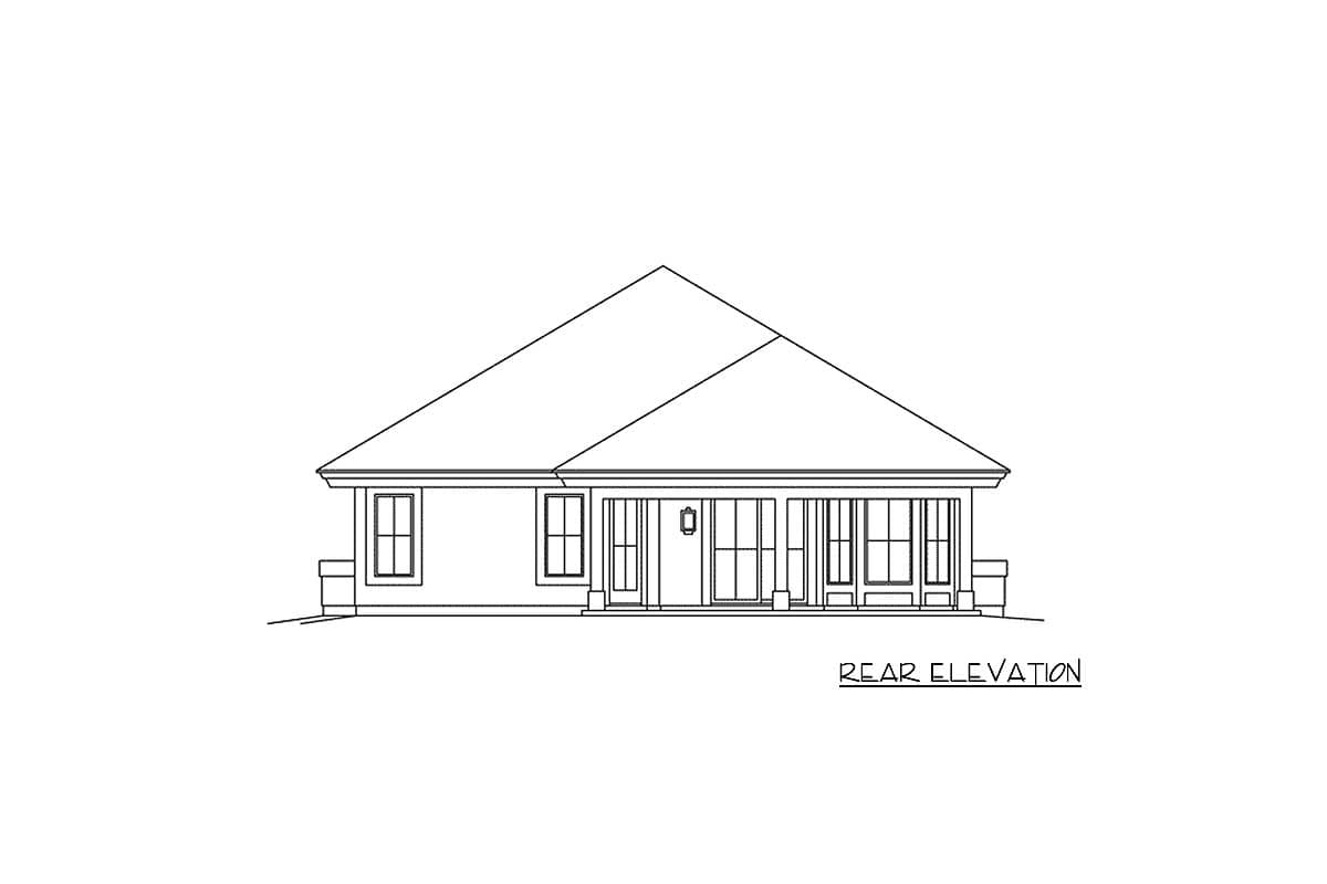 Rear elevation drawing of a one-story house plan with a wide covered porch, central door, and multiple windows.