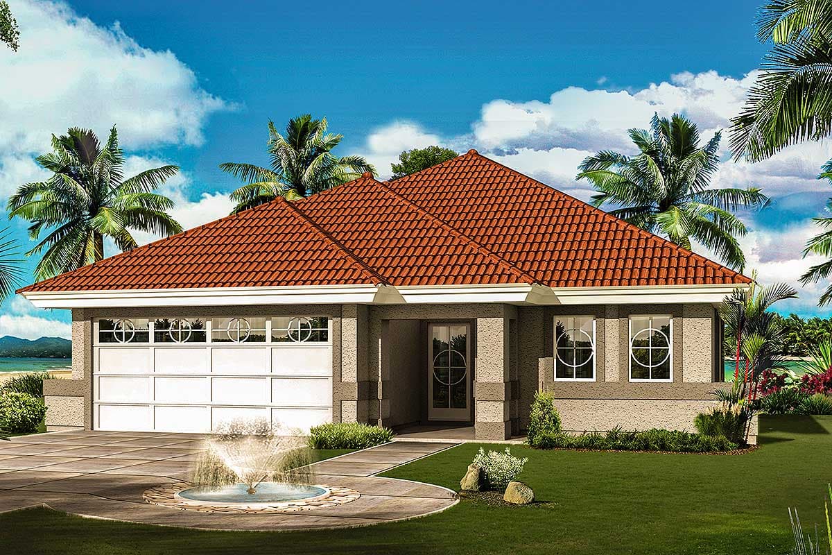 House plan exterior: Single-story home with tile roof, front-facing garage, covered entry, and circular window details.