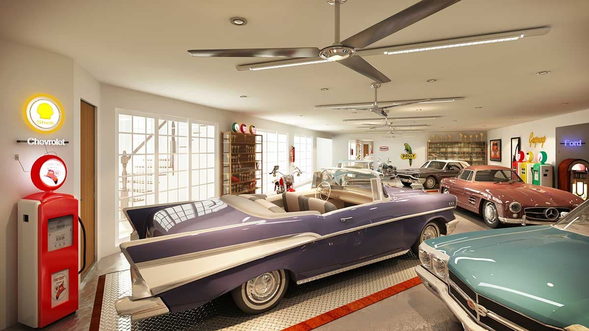Garage interior with vintage cars, gas pump, and memorabilia. Large ceiling fans and windows visible.