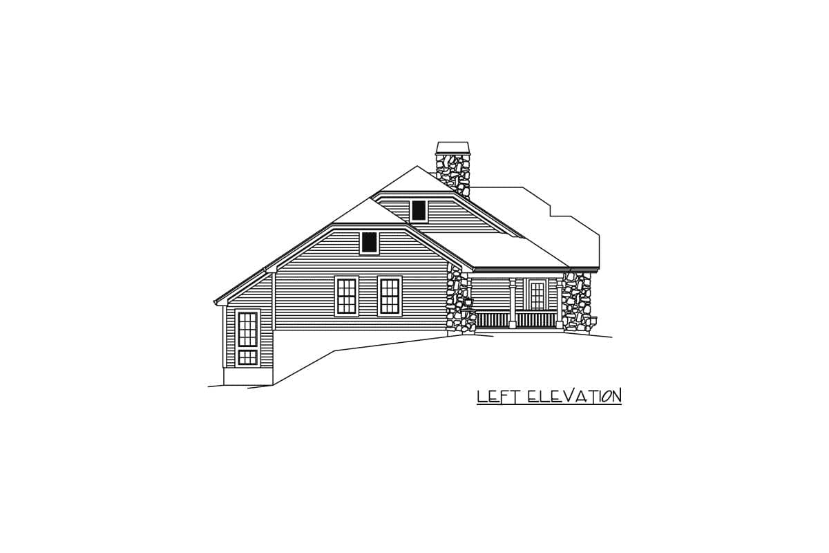 Left elevation house plan showing siding, stone accents, dormer, gable, and covered porch.