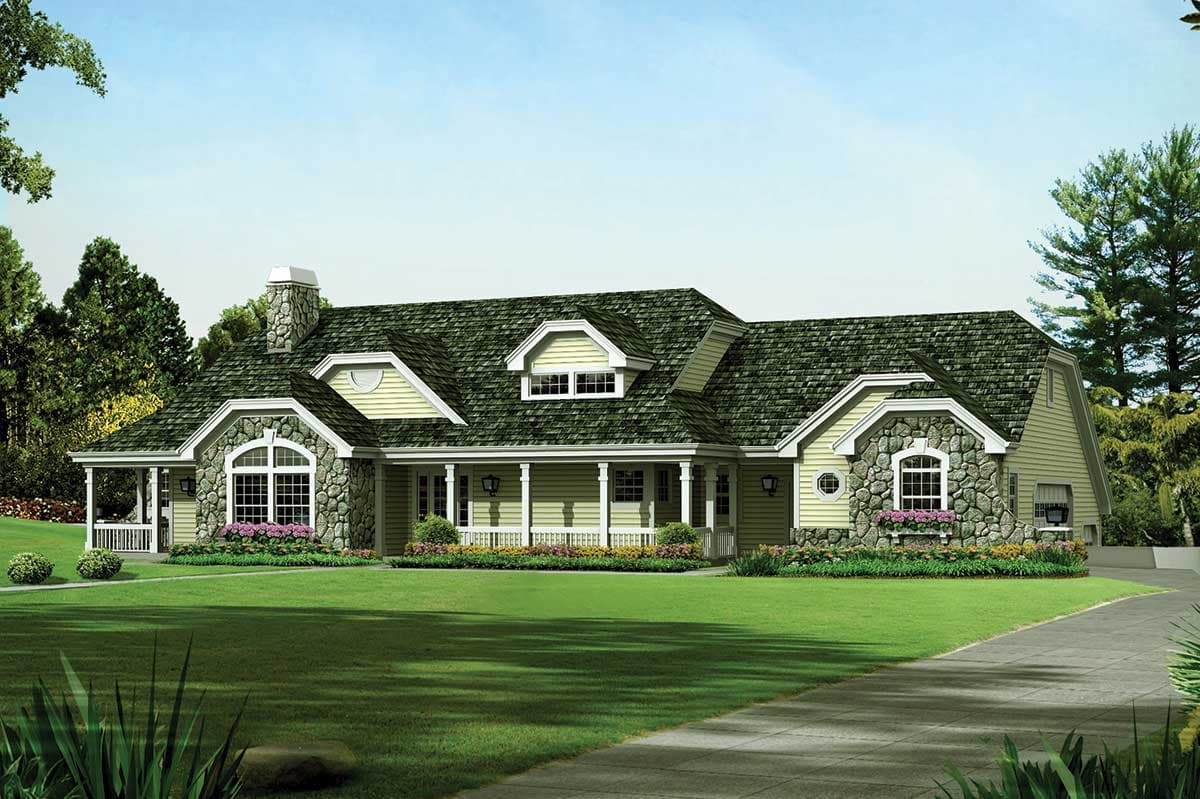 House plan exterior: Ranch-style home with stone accents, large arched window, dormers, and a covered front porch.