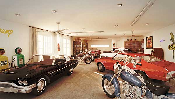 Garage with classic cars and motorcycles, vintage gas pumps, ceiling fans, and large windows.