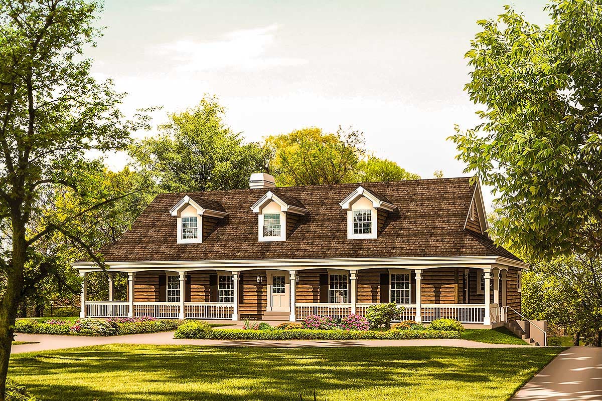 Log home exterior plan with wraparound porch, three dormers, and central chimney.