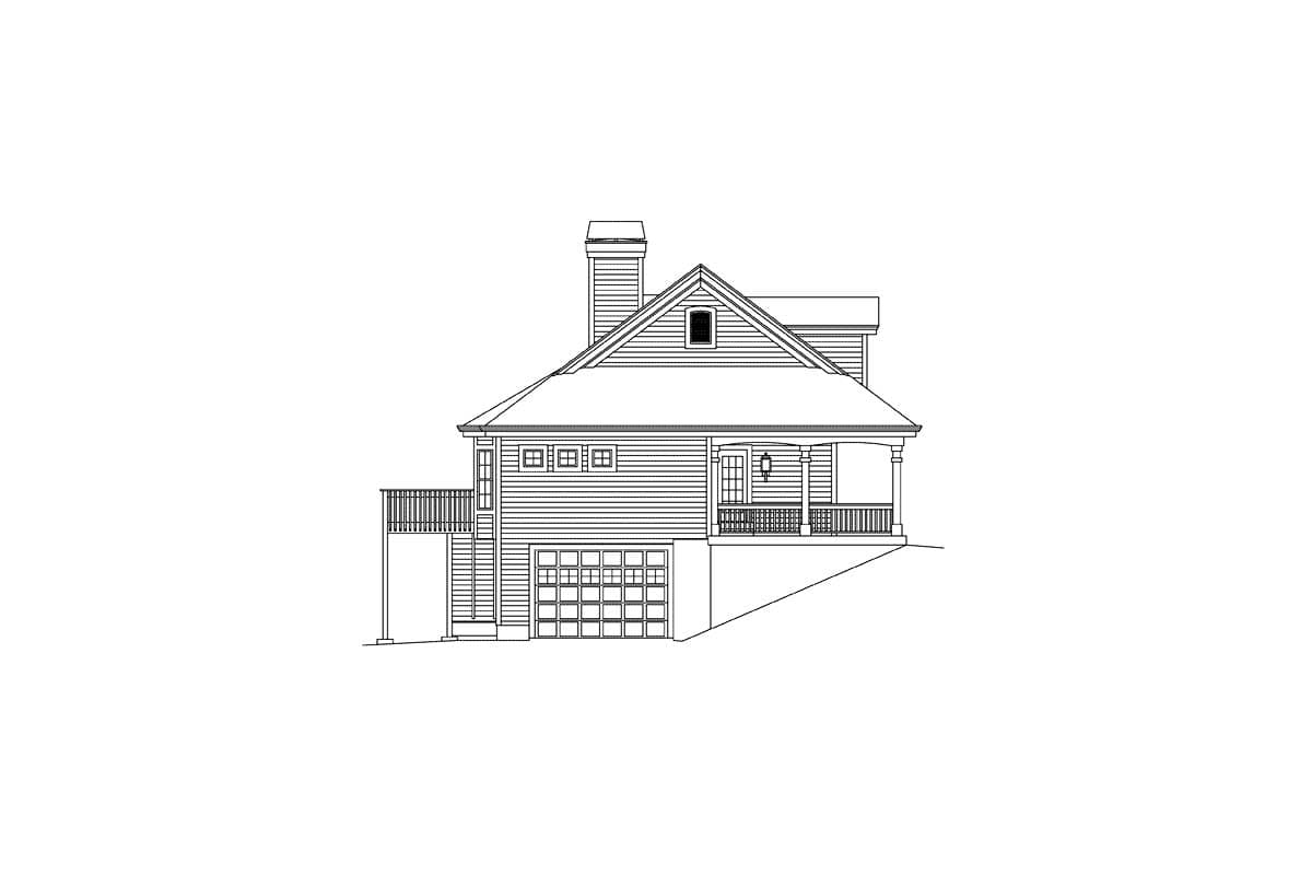 House plan exterior with front porch, gables, dormer, chimney, deck, and attached garage.