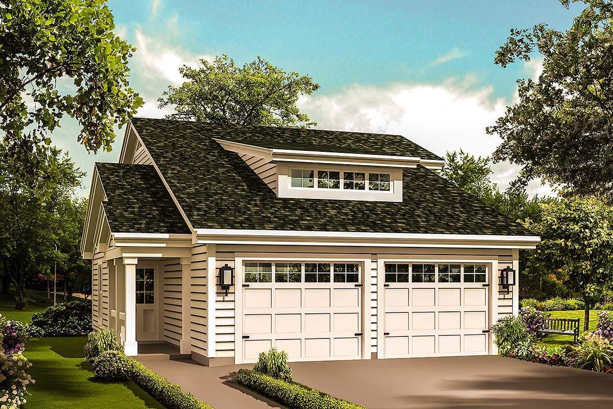 House plan exterior: Two-story garage with gabled roof, dormer window, and two garage doors.