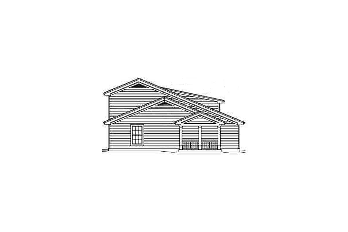 House plan exterior drawing of a two-story home with a covered front porch, gabled rooflines, and a single window.