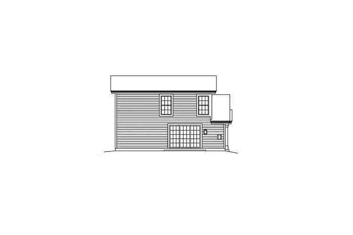House plan side elevation of a two-story home with horizontal siding, a deck, and large sliding glass doors.