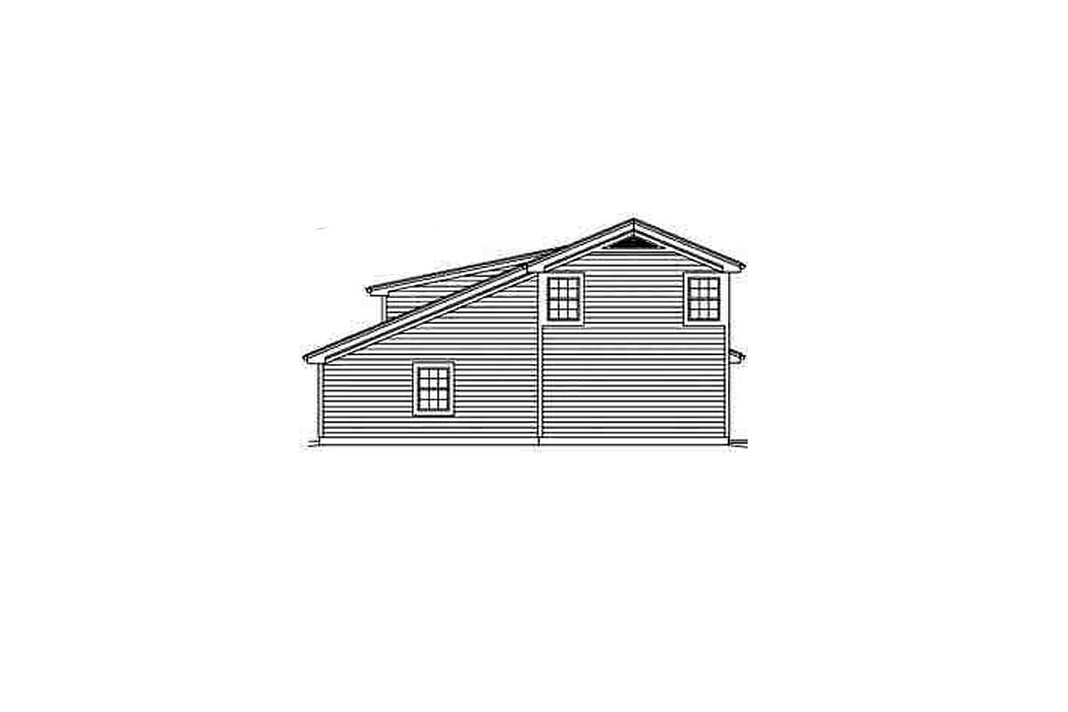 House plan exterior drawing: side view of a two-story house with a gable roof and double-hung windows.