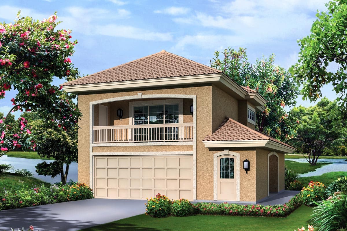 House plan exterior: Two-story home with attached garage, second-story balcony, and tiled roof.
