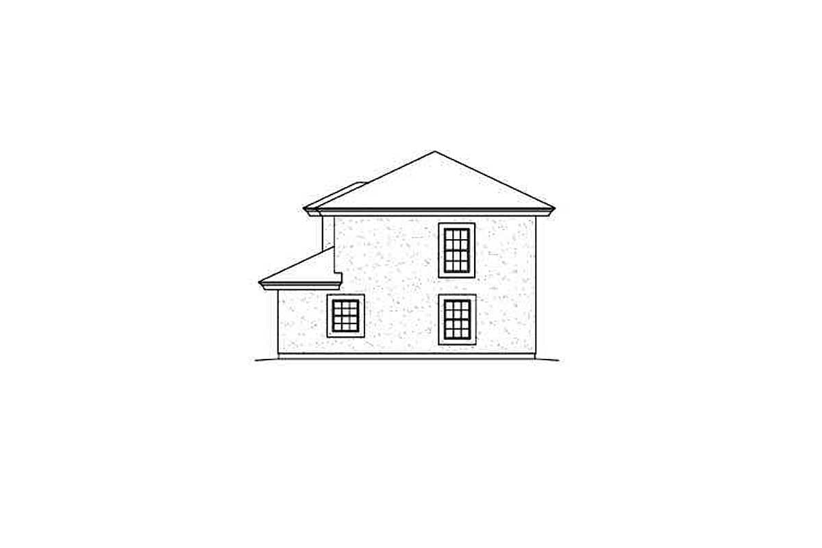 House plan elevation drawing of a two-story house with a sloped roof and three windows on the side.