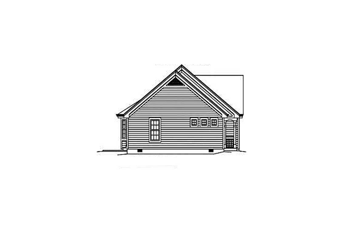 House plan exterior drawing showing a single-story home with a gable roof, lap siding, and a screened-in porch.