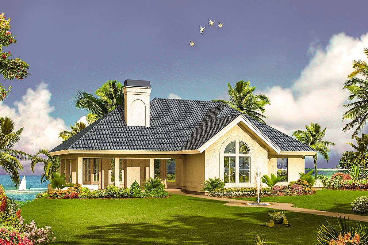 House plan exterior: single-story home with a hipped roof, prominent chimney, covered porch, and arched window.