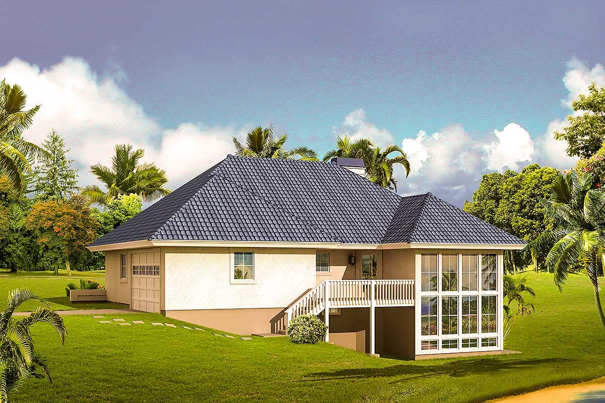 House plan exterior showing a two-story house with a gabled roof, attached garage, and sunroom with large windows.