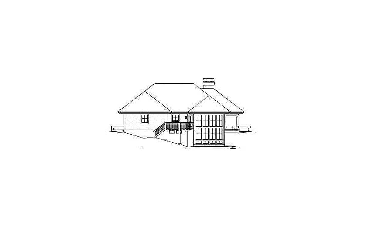 House plan exterior with chimney, deck stairs, and screened porch.