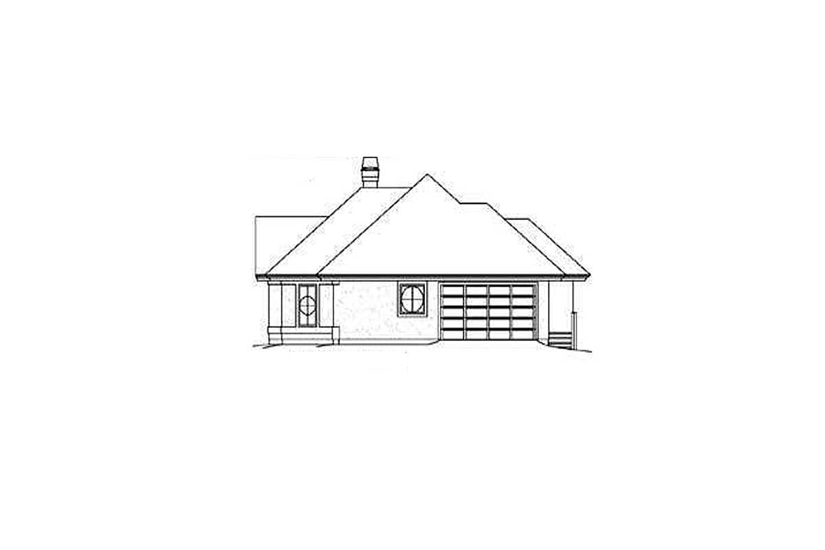 House plan exterior, single-story with attached garage, prominent hipped roofline, front porch, and chimney.
