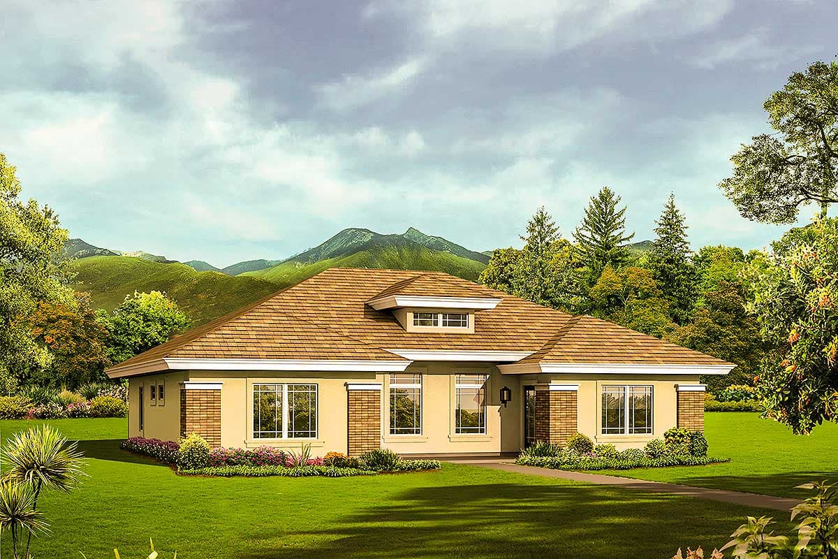 House plan exterior for a single-story home with a hip roof, prominent dormer, and wide windows.