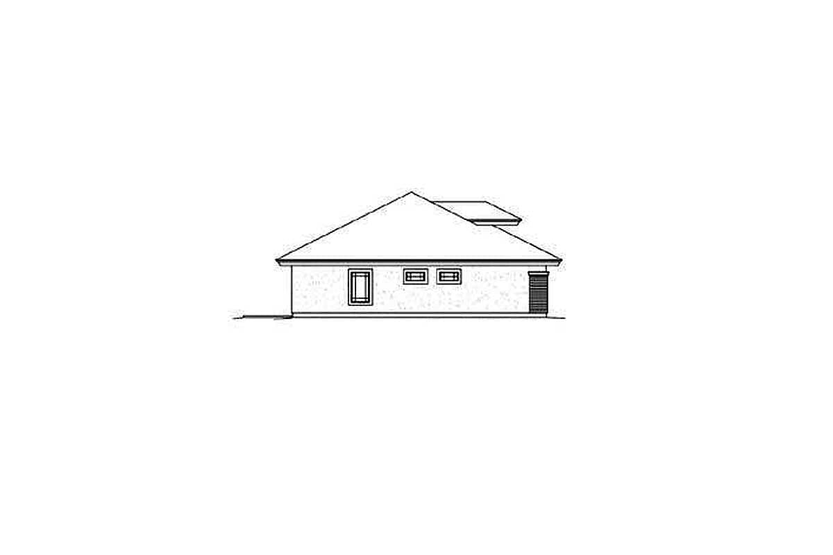 Ranch house plan exterior drawing: side view shows a single story with hip roof, one large window, two smaller windows, and a garage door.