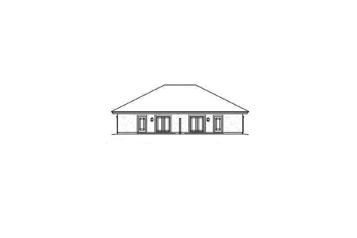 House plan rear elevation of a single-story home with a hipped roof, two sets of double doors, and two single doors.