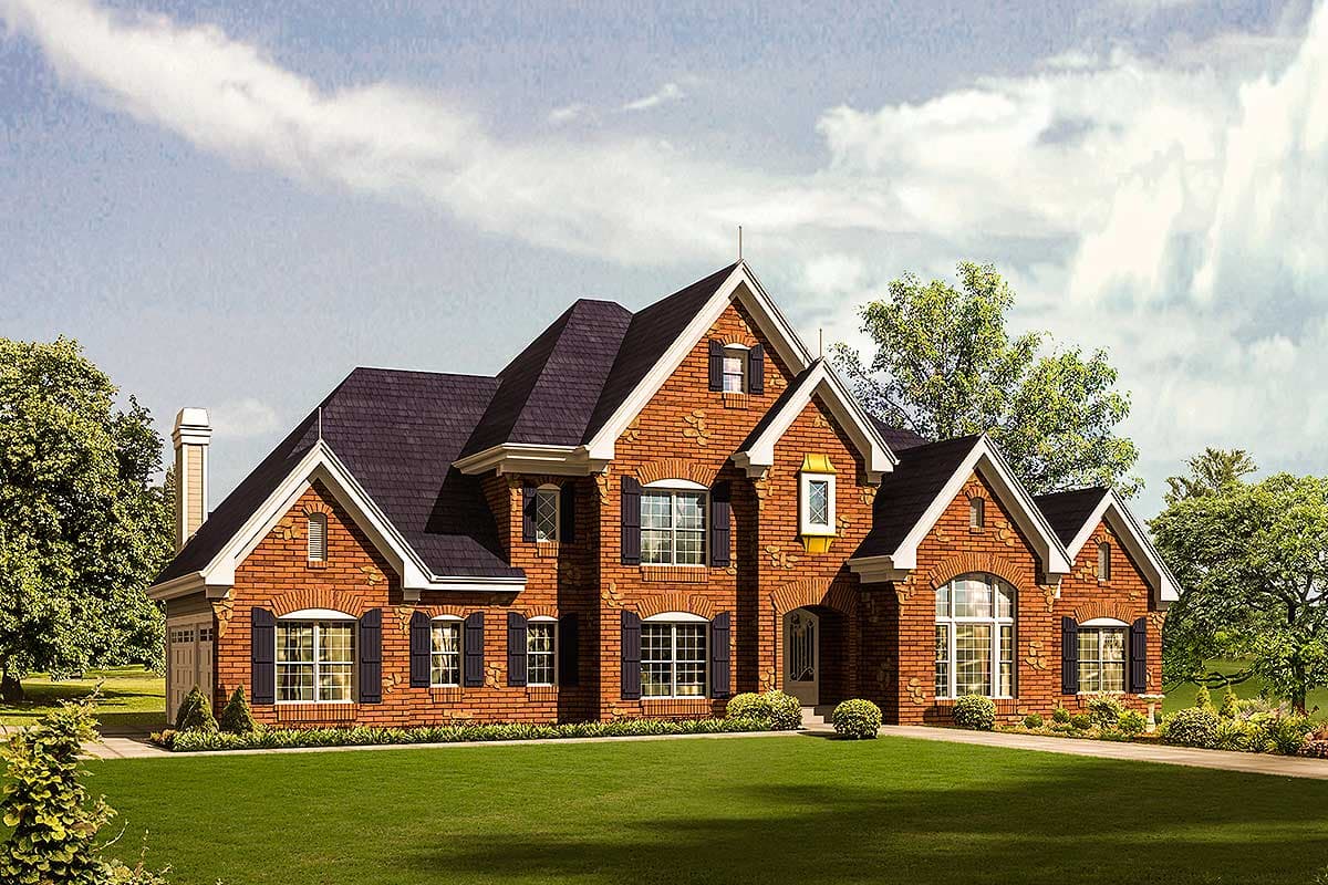 House plan exterior with brick facade, multiple gables, dormers, arched windows, and attached garage.