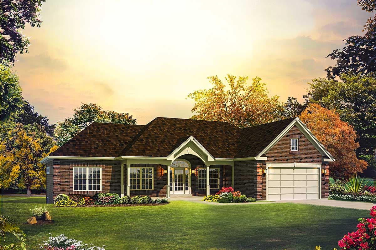 Ranch-style house plan exterior with brick facade, covered entry porch with arched supports, and attached two-car garage.