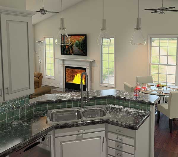 Kitchen and dining area with a sink, granite countertops, fireplace, and table with chairs.