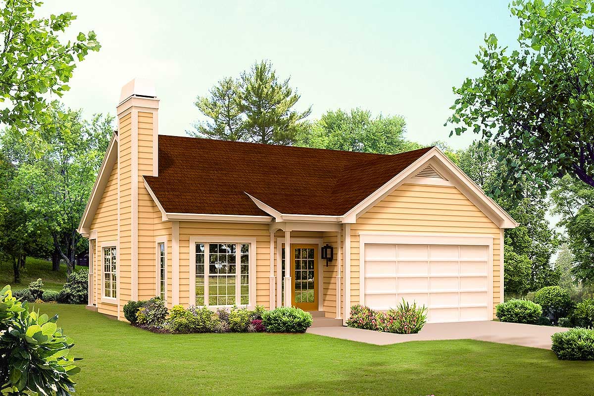 House plan exterior: Single-story home with prominent chimney, gabled roof, and attached garage.