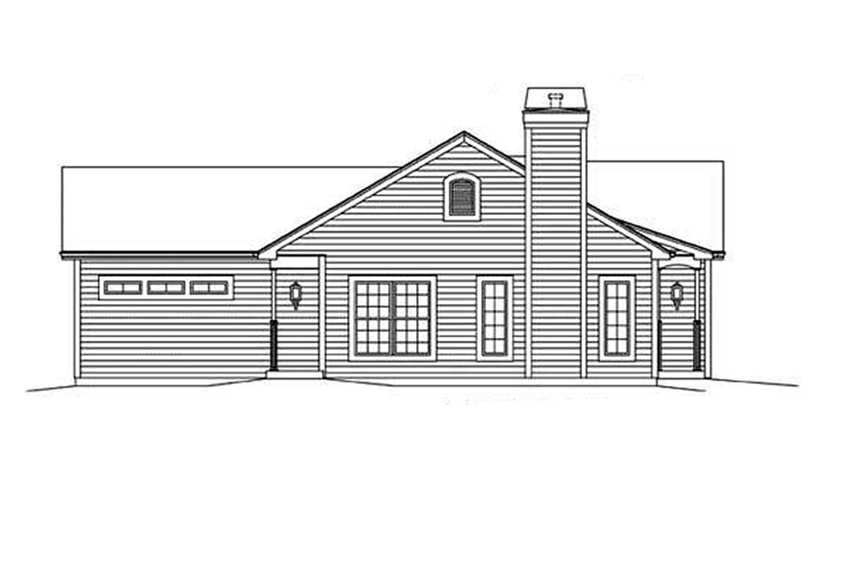 House plan exterior: Ranch style, one story, showing a prominent chimney, inset garage doors, and a covered entry porch.