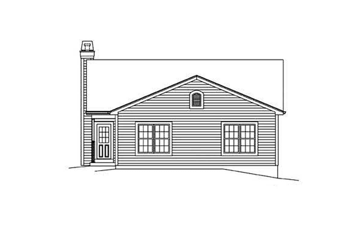 House plan exterior: one-story cottage style with double-hung windows, dormer, and prominent chimney.