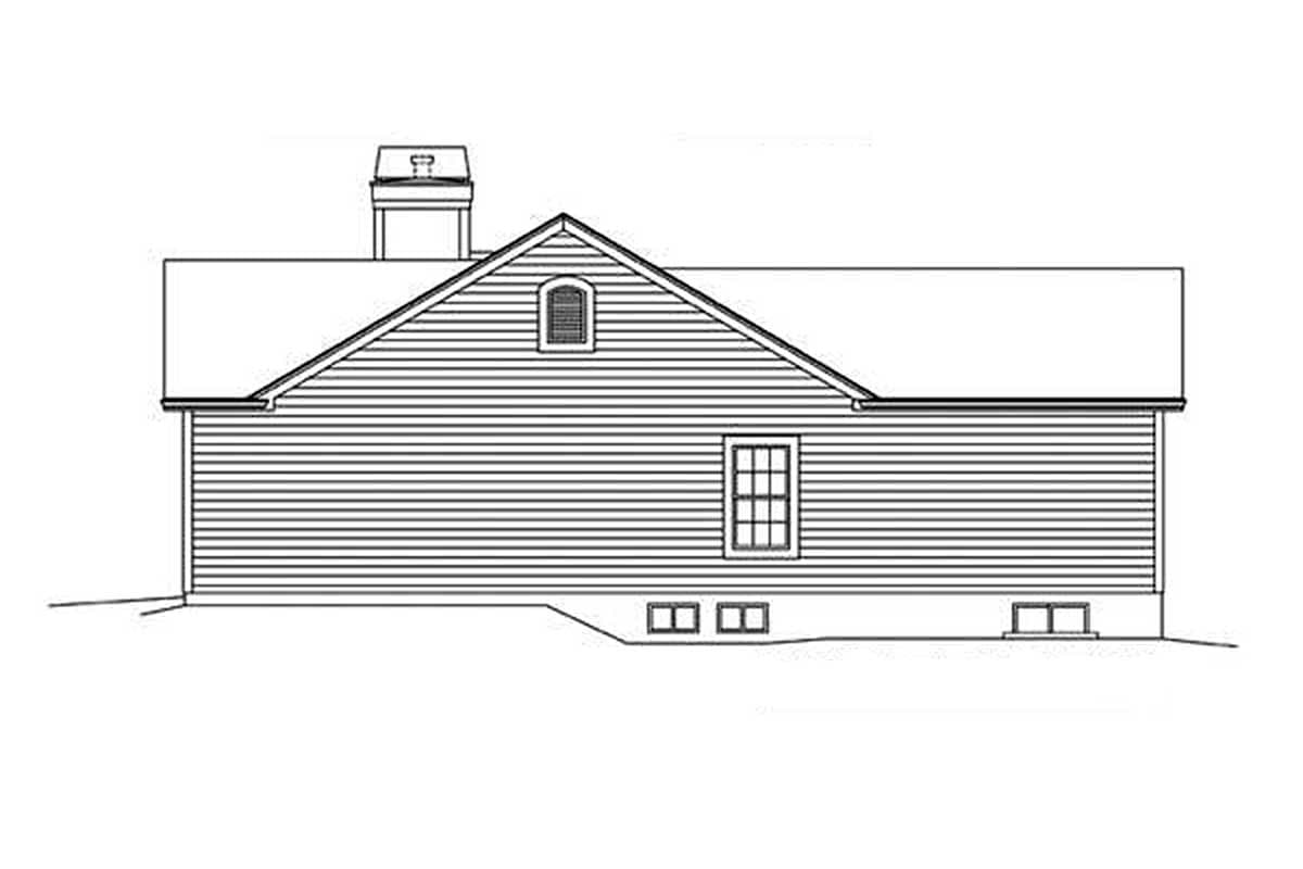 Side elevation drawing of a house plan showing a gable roof, dormer window, clapboard siding, and foundation vents.