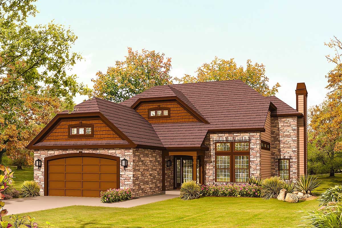 House plan exterior with stone and shingle siding, multi-level rooflines, gable dormers, and a side-entry garage.