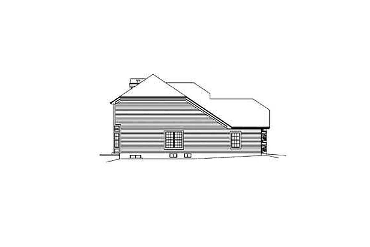 House plan exterior elevation showing siding, multiple gables, a prominent chimney, and varied rooflines.