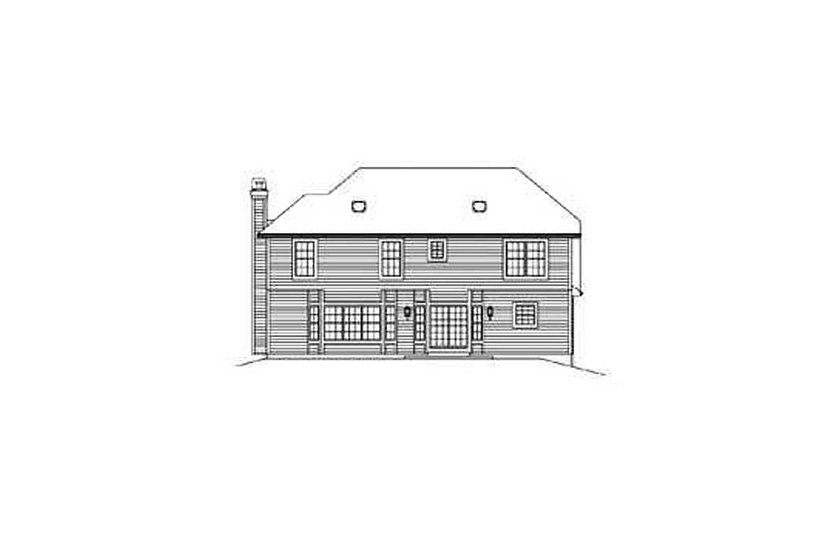 House plan exterior drawing of a two-story home with a prominent hip roof, chimney, and numerous grid windows.