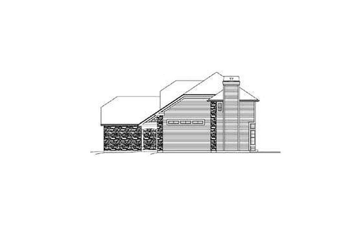 House plan exterior drawing showing a side view with stone accents, horizontal siding, a prominent chimney, and varied rooflines.