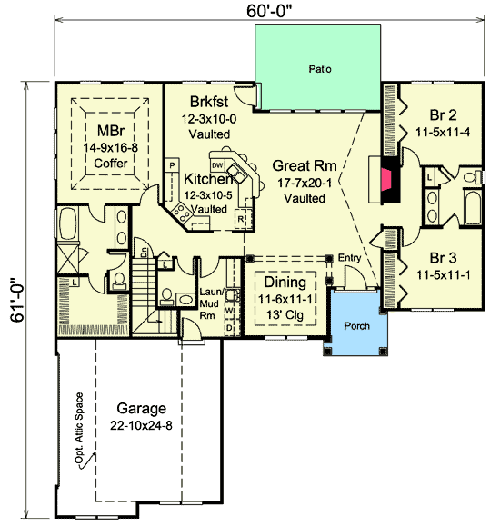 Plan 57298HA: Ranch Home with Vaulted Ceilings - Floor Plan - Main Level - Ranch