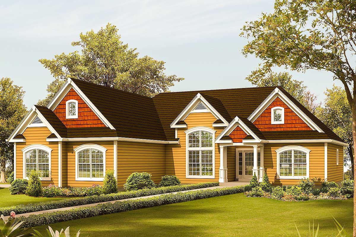 House plan exterior: One-story house with multiple gables, arched windows, and a covered front entry.